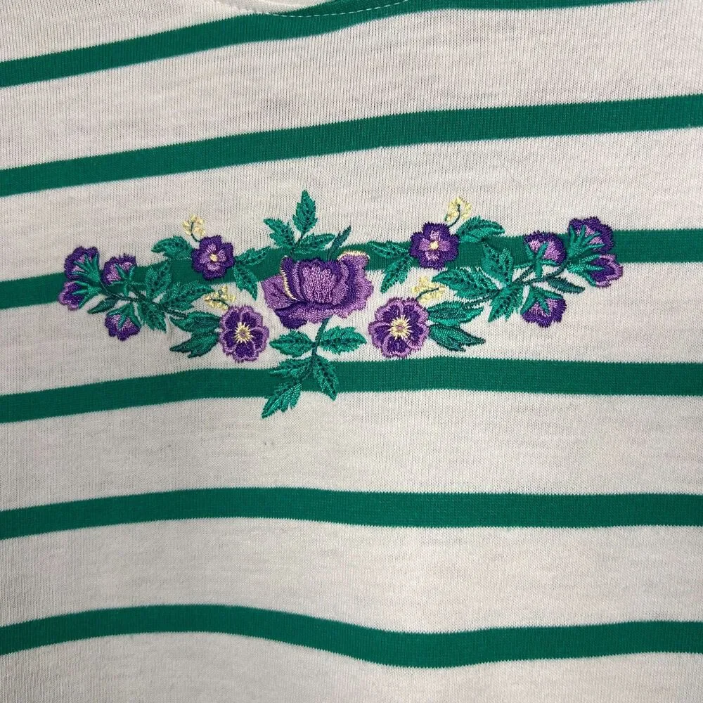 Vintage Mock Neck Sweatshirt Erika Green White Striped Floral Cottagecore Sz SP - Picture 7 of 11